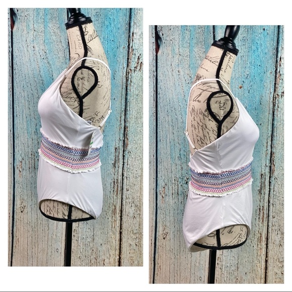 BAR III NWT White Smocked Plunging Swimsuit - Picture 4 of 12